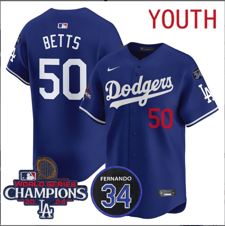 Youth MLB Los Angeles Dodgers  #50 Betts blue2024 World Series Champions Patch Limited Jersey